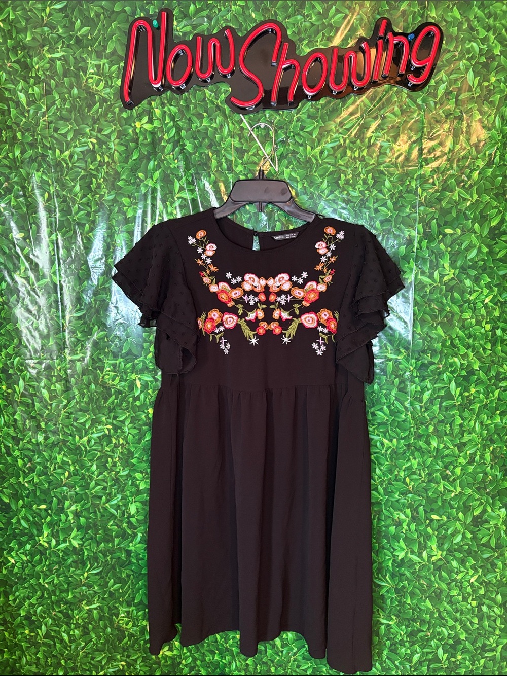 SHEIN Black Dress with Multicolor Floral Embroidery